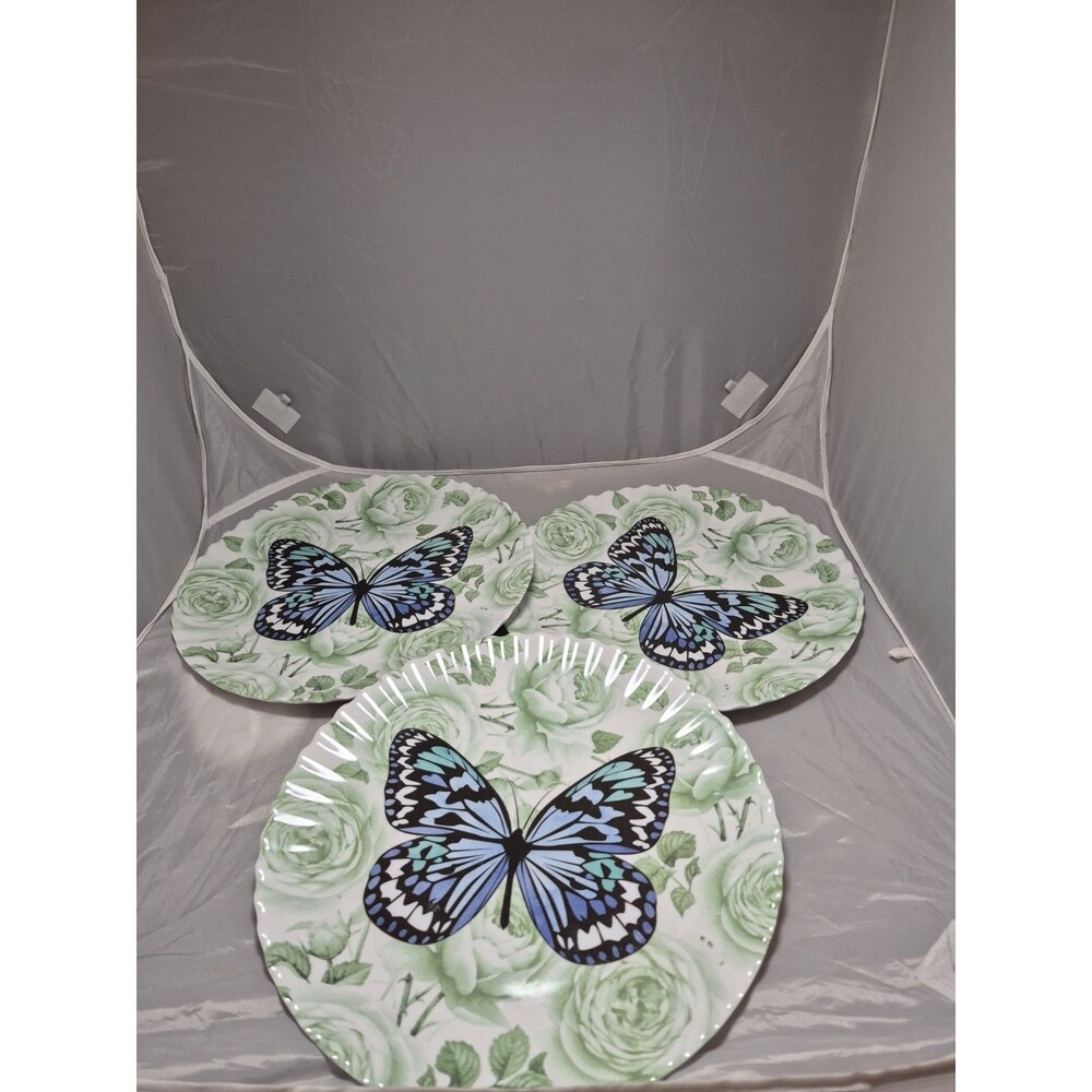 3 NEW Rachel Zoe Spring Butterfly Melamine Dinner Plates Blue & Green 10.75 (A1)